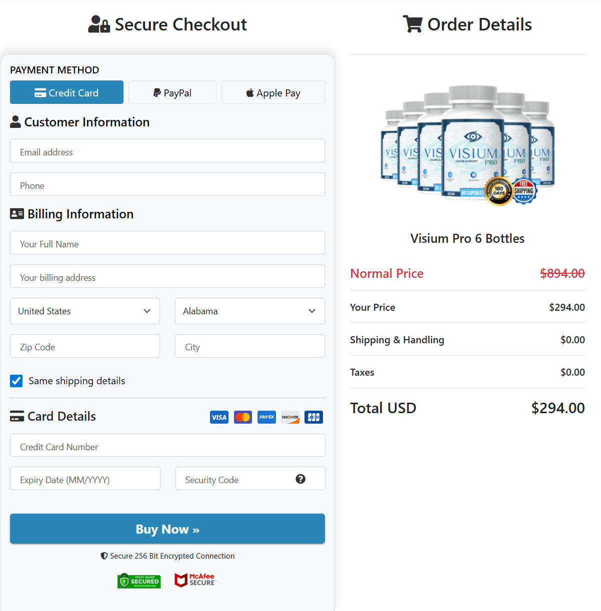VisiumPro Checkout page